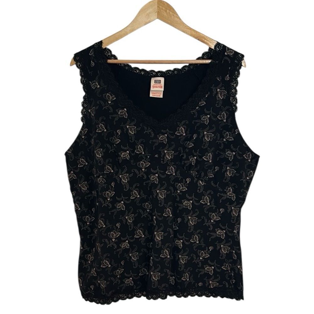 Y2K 2010s Sleeveless Top, Black beige print, stretchy with lace trim, 18W 20W